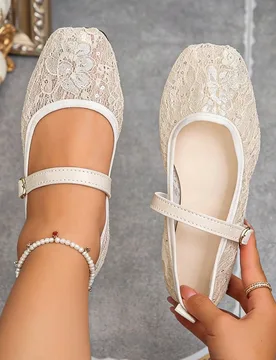 Bailarinas de mujer con caja de dedos ancha, tiras de malla bordadas con encaje, estilo elegante, para uso diario en primavera/verano, color beige, pa - Shein - FashionsVida