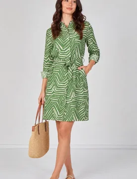 Women's Green Geometric Print Long Sleeve Mini Shirt Dress Size: Large - Green - Size: L - LOVE SUNSHINE - FashionsVida