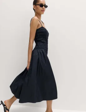 Pure Cotton Midi Shirred Cami Dress Black female - M&S - FashionsVida