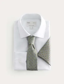 Slim Fit Easy Iron Shirt & Tie Set Green Mix male - M&S - FashionsVida