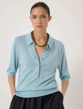 Wool Blend Polo Neck Knitted Top Light Blue female - hush - FashionsVida