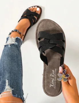 Sandalias planas tipo slide casuales estilo coreano para mujer, zapatos de verano para exterior, punta abierta, tejido estilo romano, primavera-verano - Shein - FashionsVida