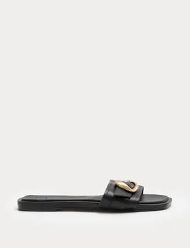Leather Trim Flat Mule Sandals Black female - M&S - FashionsVida
