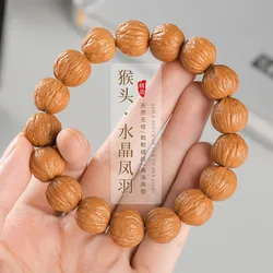 Wild Carved Monkey Head Bead Bracelet, Beijing Eight-Sided Luxurious Phoenix Feather Small Walnut Men's Single-Loop Buddhist Bea