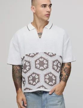 Mens Oversized Boxy Spliced Crochet Tapestry Knitted Polo - Burgundy - Size X-Small - boohooMAN - FashionsVida
