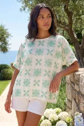 Womens Floral Textured Buttoned Back Top - Green - Size 16 Uk