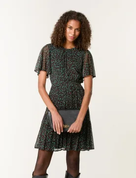 Leopard Print Mesh Crew Neck Mini Dress - S / KHAKI - female - Blue Vanilla - FashionsVida