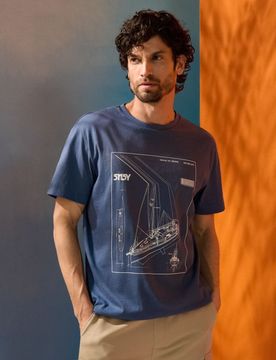 T-shirt in cotone con stampa nave - blu