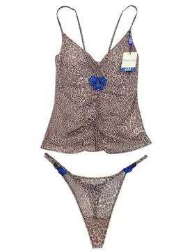 Cotton Club Couture Leopard Print Embroidered Camisole & Thong Set - Other Designers - FashionsVida