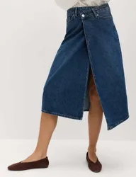 Pure Cotton Denim Asymmetric Midi Wrap Skirt Medium Indigo female