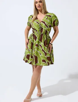 Women's Palm Leaf Mini Dress in Green Size: 12 - Green - Size: 12 - Yours - FashionsVida