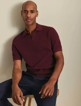 Pure Cotton Textured Knitted Polo Shirt Burgundy male - Charles Tyrwhitt - FashionsVida