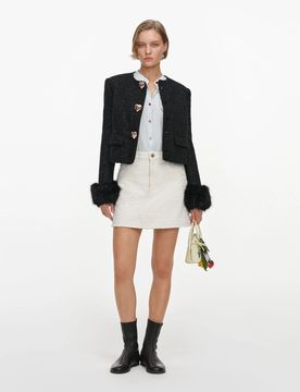 Boxy Snap-Front Jacket with Detachable Faux Fur Trim and Shoulder Pads (Model Wears Size 6)