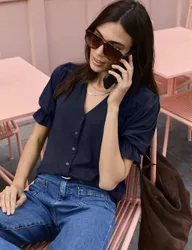 Cotton Rich V-Neck Button Through Blouse Navy female