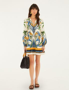 Mini Dress with All-Over Print V-Neck Lace-Up & Button Cuff Sleeves