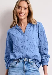 Bluse mit Split Neck und Shiffley-Muster female Blau