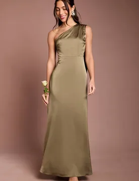 Women's Honoured Petite Drape One Shoulder Satin Maxi Bridesmaid Dress in Olive Size: 8 - Olive - Size: 8 - Coast - FashionsVida