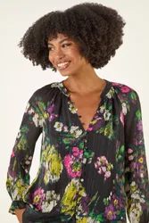 Women's Metallic Floral Print Blouse in Black Size: 10 - Black - Size: 10