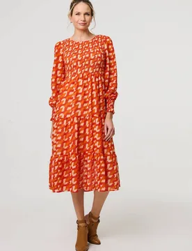 Women's Printed Long Puff Sleeve Midi Smock Dress in Orange Size: Small - Orange - Size: S - Izabel London - FashionsVida