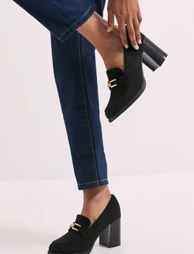 Women's Wide Fit Benita Faux Suede Snaffle Detail High Block Heeled Loafers in Natural Black Size: 6 - Natural Black - Size: 6 - Dorothy perkins - FashionsVida