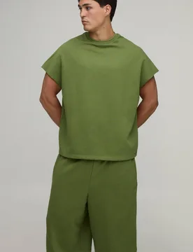 Men's Oversized Boxy Loopback Cap Sleeve T-Shirt and Jorts Set Olive Size Large Olive L - boohooMAN - FashionsVida