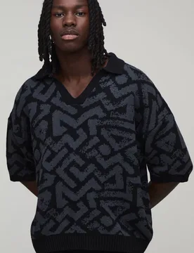 Men's Oversized Boxy Abstract Jacquard Knitted Polo Charcoal Size Medium Charcoal M - boohooMAN - FashionsVida