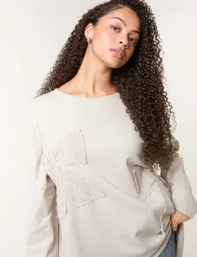 Lace Bow Sweat Top - ONE / BEIGE - female - Blue Vanilla - FashionsVida