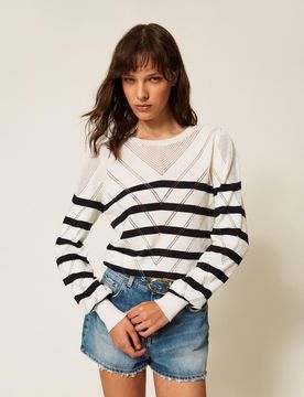 Pull ras-du-cou en coton et cachemire avec rayures