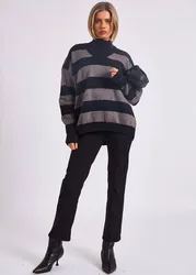 Women's Grey Wide Stripe Oversized Jumper Size: Small/Medium - Grey - Size: S/M