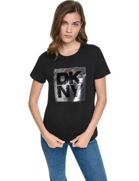 Camiseta de mujer de manga corta y cuello redondo con logotipo de lentejuelas multiposición - DKNY Jeans - FashionsVida