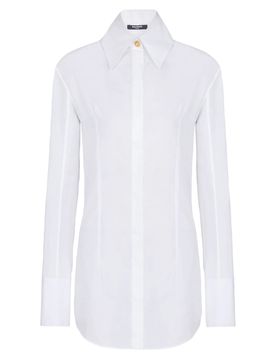 Wide-Peak Shirt Collar Button-Front Long-Sleeve Cotton Top