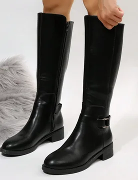Ideal con falda negra, botas de jinete de invierno 2024 con hebilla, corte de pierna recta sobre la rodilla, ajuste delgado, color marrón para mujer, - Shein - FashionsVida