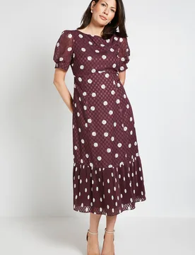 Women's Polka Dot Pleated Hem Midi Dress in Chocolate Size: 10 - Chocolate - Size: 10 - Wallis - FashionsVida