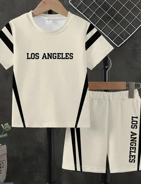 Conjunto de Ropa Deportiva Casual de Verano para Niños Preadolescentes, Esquema de Color Minimalista Beige y Blanco con Diseño de Línea Negra, Impr - Shein - FashionsVida