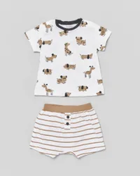 Completino in cotone composto da t-shirt con fantasia cagnolini e pantaloncini a righe avorio e cammello 4-12 mesi