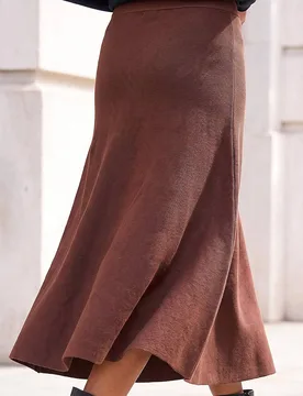 Women's Plain Elastic Waist Knitted A Line Midi Skirt in Chocolate Size: 14 - Chocolate - Size: 14 - Roman - FashionsVida