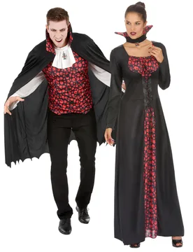 Edles Vampir-Pärchen Halloween-Paarkostüm für Erwachsene schwarz-rot-weiß - BCI - FashionsVida
