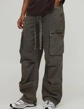 Herren Cargo-Jeans Hosen Mit Falten Am Knie, Gürtel Und Lockerer Passform Stone Größe 36R - boohooMAN - FashionsVida