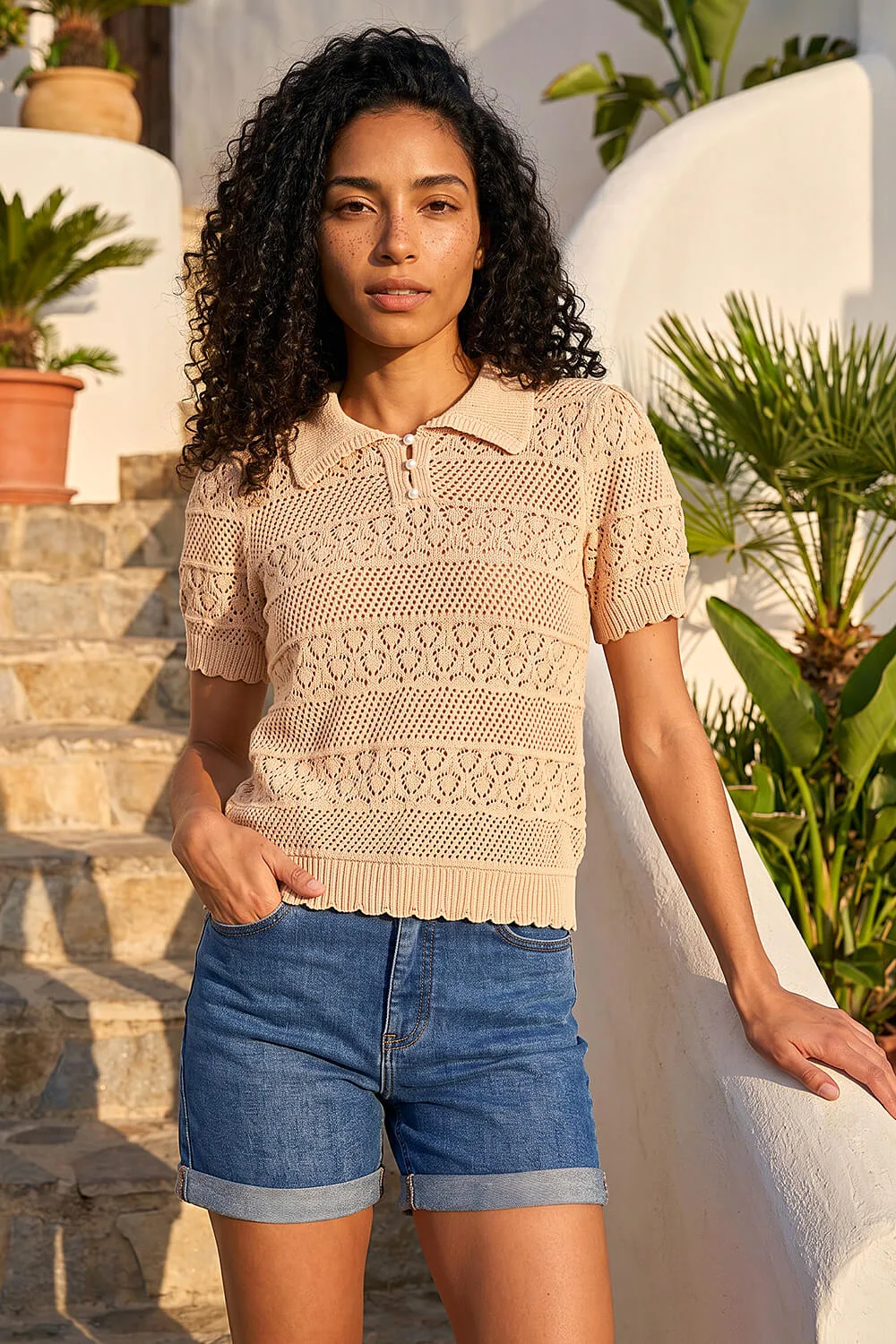 Womens Pointelle Collar Knit Top - Beige - Size 18 Uk - Roman - FashionsVida