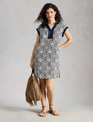 Pure Linen Printed Mini Shift Dress Navy Mix female