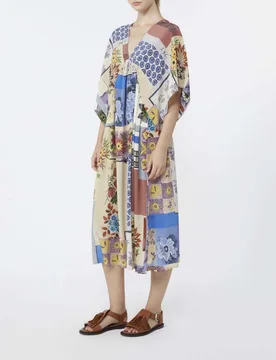 Abito midi multicolor Weekend in pura seta a stampa patchwork con maniche corte e scollo a V - Max Mara - FashionsVida