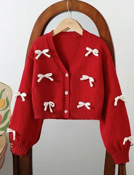 Cárdigan rojo de manga larga y corto con lazo 3D elegante y minimalista, suave y de estilo casual elegante, adecuado para el hogar, uso diario, escue - Shein - FashionsVida