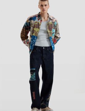 Pantalón vaquero estampado oriental, Hombre, Algodon, Azul, 28
