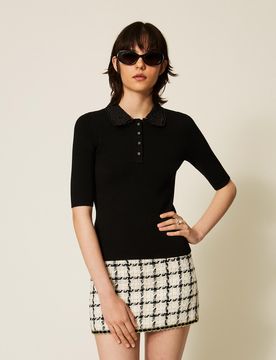Pull polo avec col en broderie anglaise