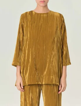Blusa gialla in velluto riccio con maniche a tre quarti con spacchi laterali - Hlo! - FashionsVida
