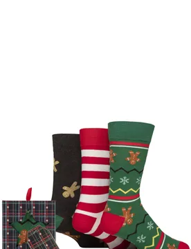 Mens 3 Pair SOCKSHOP Cotton Christmas Socks in Tartan Gift Box Gingerbread Men 7-11 Mens - Multi Coloured - Size: 7-11 Mens - Wildfeet - FashionsVida