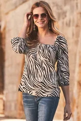 Womens Zebra Print Square Neckline Top - Animal Denim - Size 12 Uk