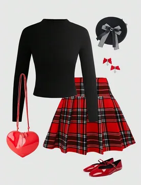 Conjunto de camiseta de manga larga con cuello alto y falda plisada A-line a cuadros, elegante y casual para adolescentes - Shein - FashionsVida