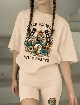 Piezas Conjunto casual para niñas, con top de manga corta holgado con estampado de mezclilla y floral combinado con shorts tipo biker, suave y cómod - Shein - FashionsVida