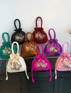 Pieza Bolso de cubo con cordón bordado vintage, con patrón floral, bolso de mano y monedero de moda para mujer, bolso de satén, accesorio Hanfu, re - Shein - FashionsVida